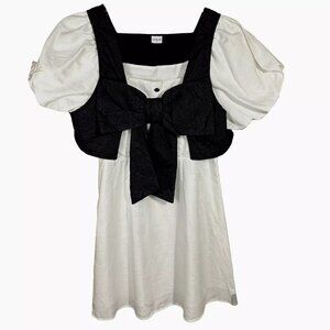 LEDIN White Dress Black Top Puff Sleeves Side Zip Cottage Coquette-US XS (2) NWT